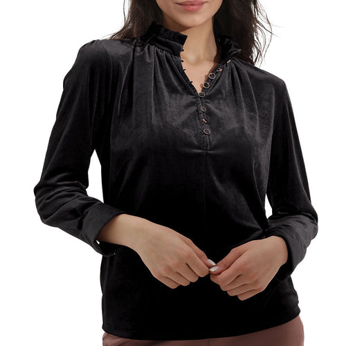 Ladies Elegant velvet top with gathered collar and button details Amarae