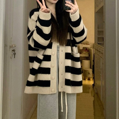 Ladies comfortable knitted cardigan with wide stripes and practical pockets Amarae
