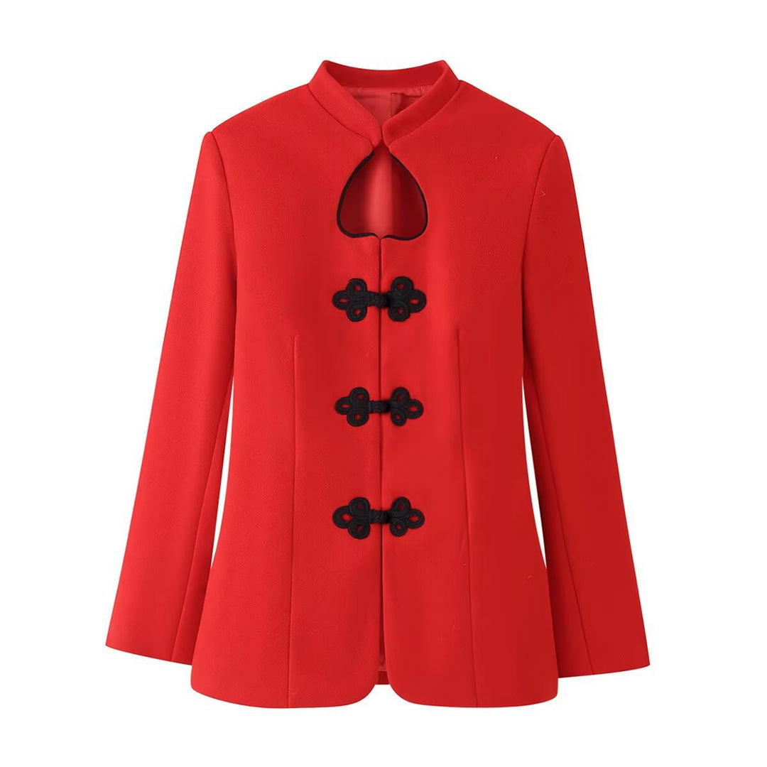 Women's short jacket in mandarin style with drop neckline and decorative knot closures Amarae