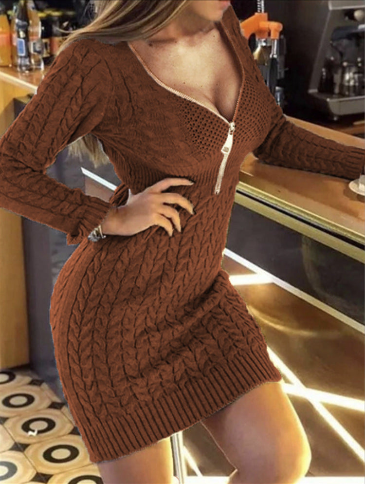 Knit dress for women with plunging V-neck and continuous zipper Lune London