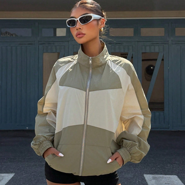 Women’s Lightweight Windbreaker Jacket with High Stand Collar and Colorblock Design Amarae