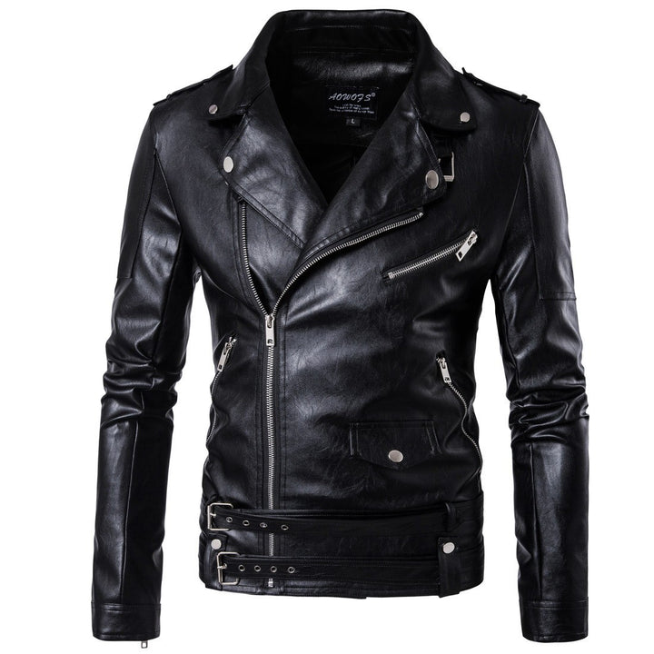 High-quality leather biker jacket for men with asymmetrical zipper and decorative buckles Chic und Stil