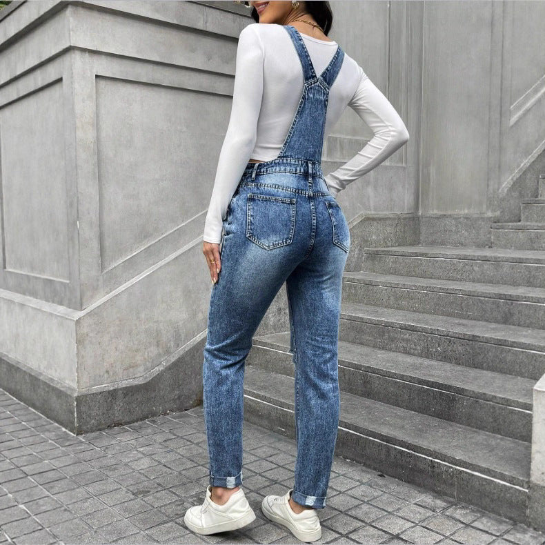 Women's denim dungarees with sculpting high waist, side decorative button plackets and ripped knee section Amarae