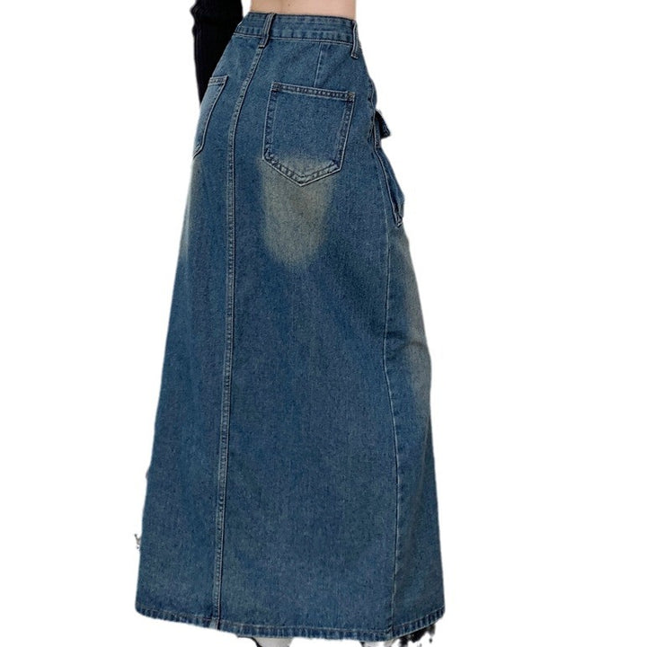 Jupe en denim longue pour femmes avec poches plaquées pratiques Chic & Stil
