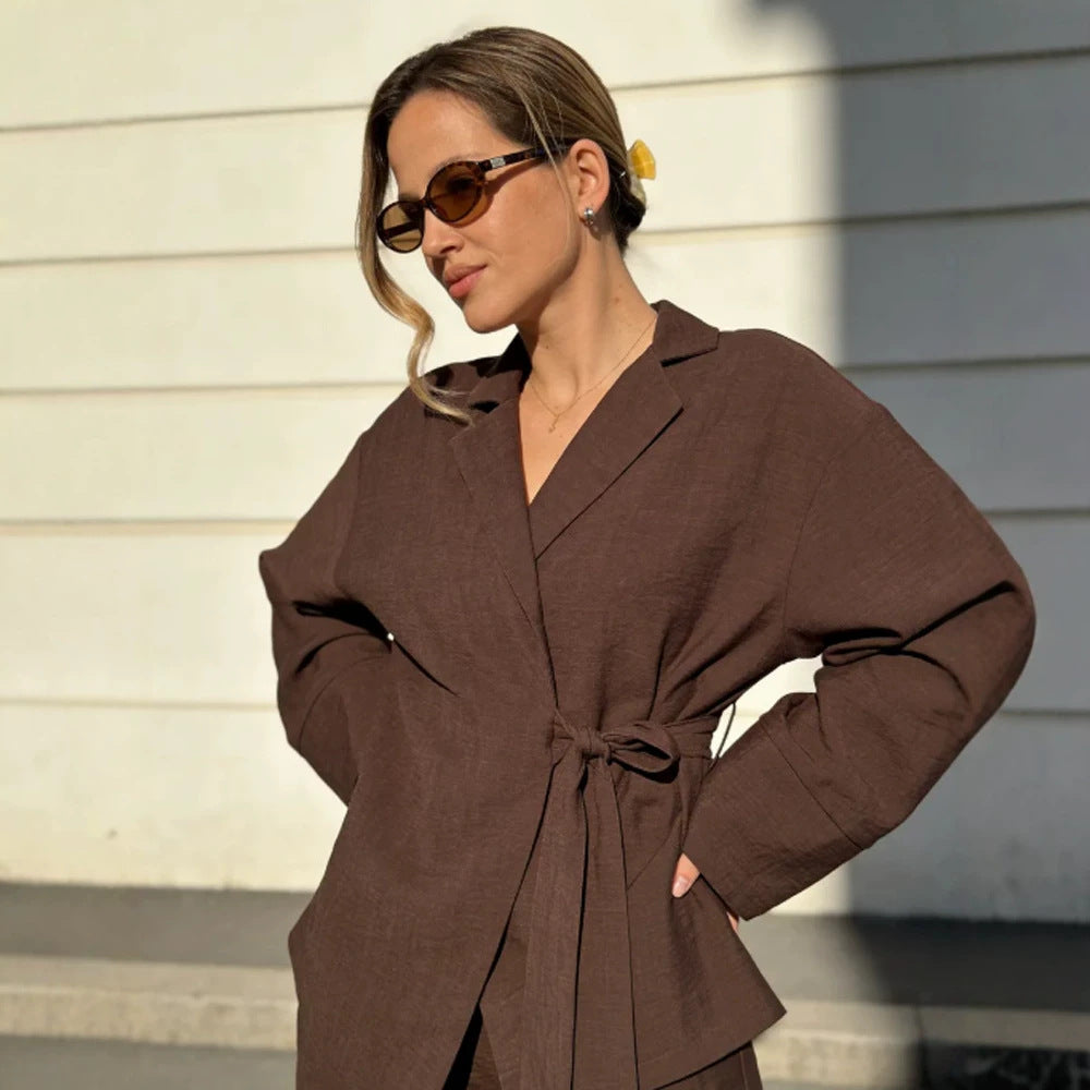 Women's Wrap Blazer with Tying Belt, Casual Oversized Cut and Lapel Collar Amarae