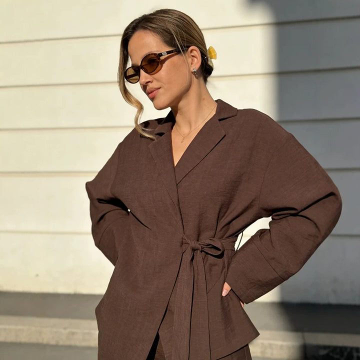 Women's Wrap Blazer with Tying Belt, Casual Oversized Cut and Lapel Collar Amarae
