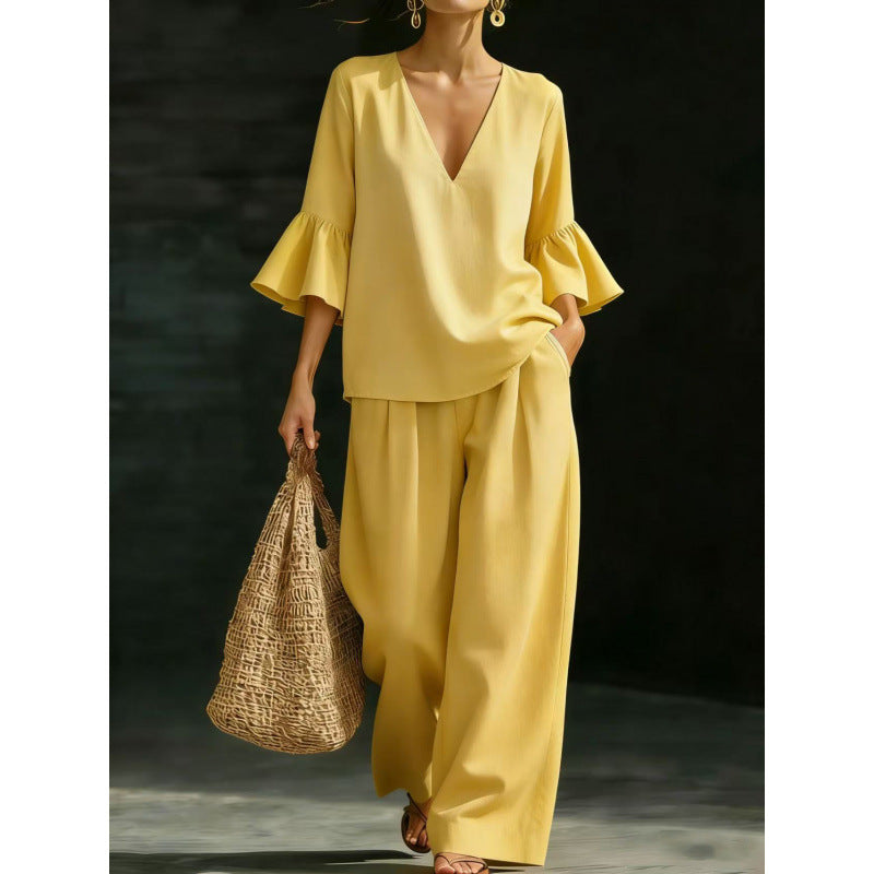 Women's Two-Piece V-Neck Tunic Set with Ruffle Sleeves and Wide High-Waisted Palazzo Pants Amarae