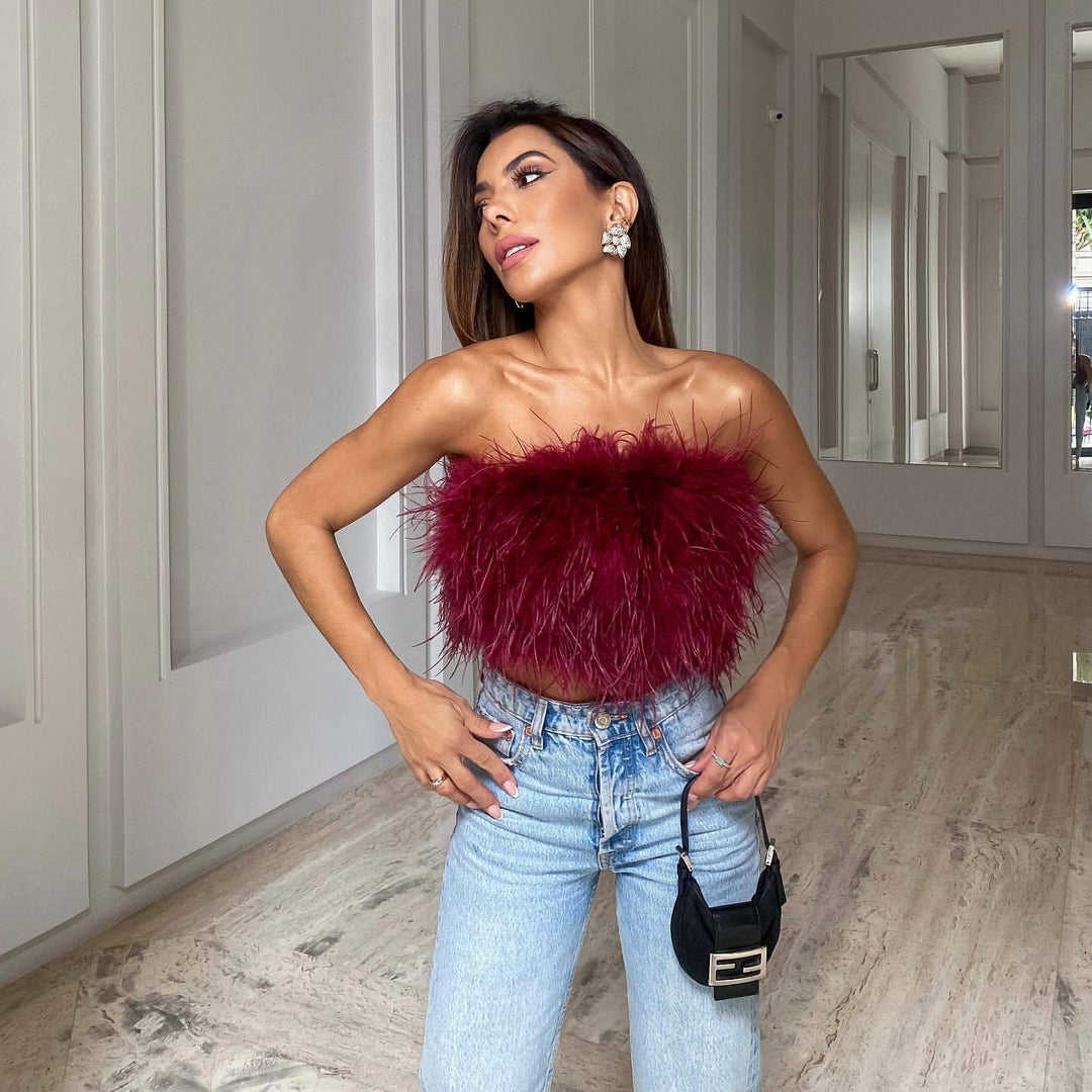 Women's Glamorous Plush Top with Removable Straps and Fringed Details Lune London