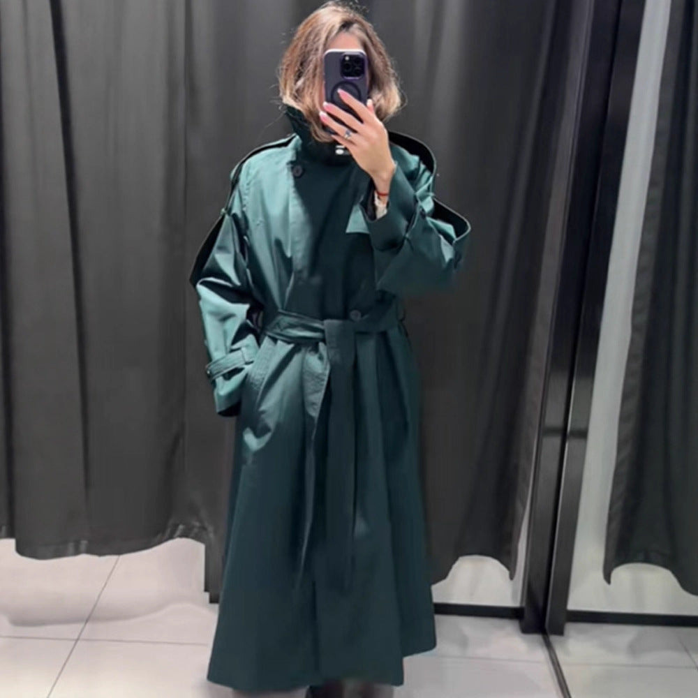 Women Long Water-Repellent Trench Coat with Waist Belt and High Stand Collar Amarae