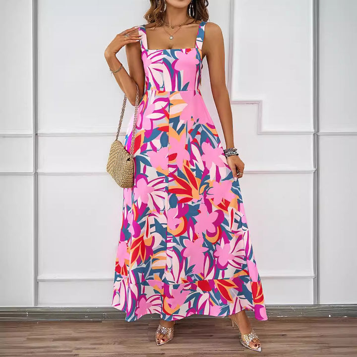 Ladies maxi dress with modern floral design and flattering silhouette Lune London