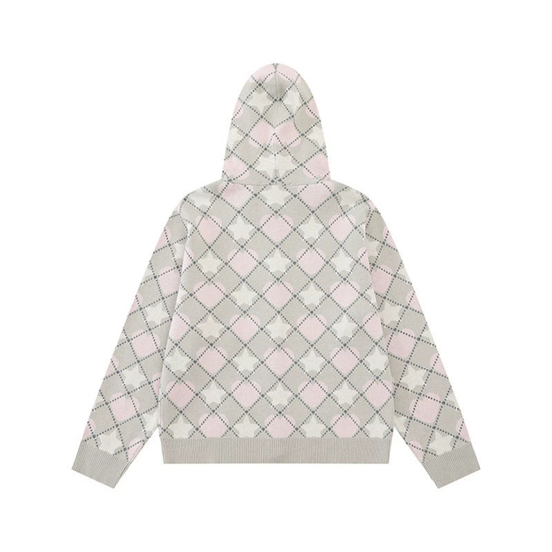 Ladies Knit Hooded Jacket with Diamond Jacquard and Button Placket Amarae