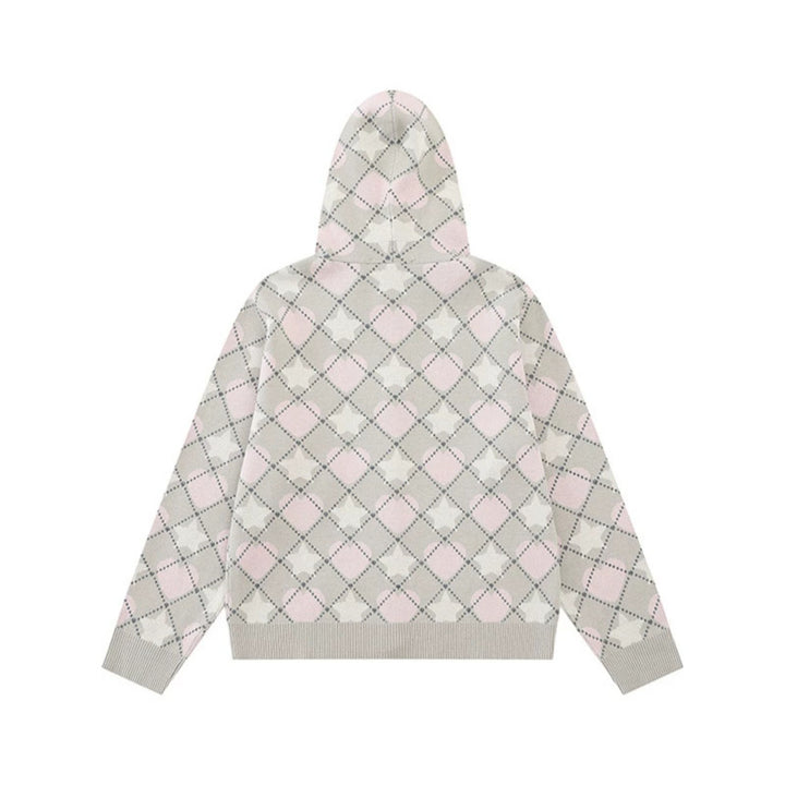 Ladies Knit Hooded Jacket with Diamond Jacquard and Button Placket Amarae