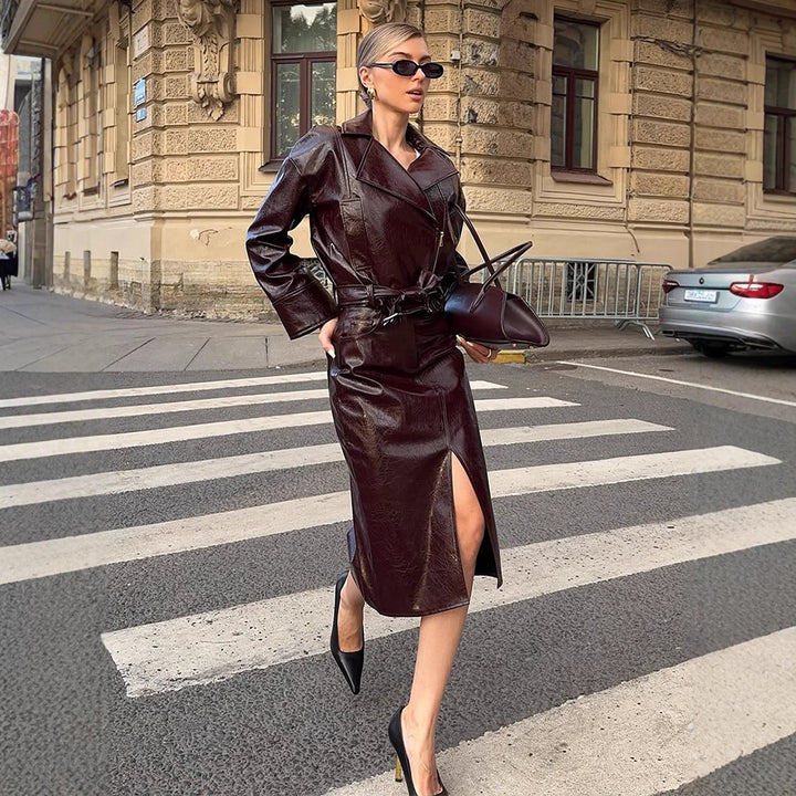 Women's Patent Leather Biker Jacket with Oversized Lapels, Boxy Cut & Visible Zipper Amarae