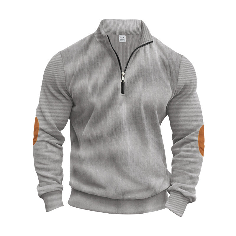 Navy sweater for men with high collar, zipper and trendy elbow patches Lune London