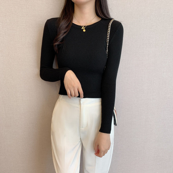 Pull en tricot côtelé ajusté pour femmes avec col rond