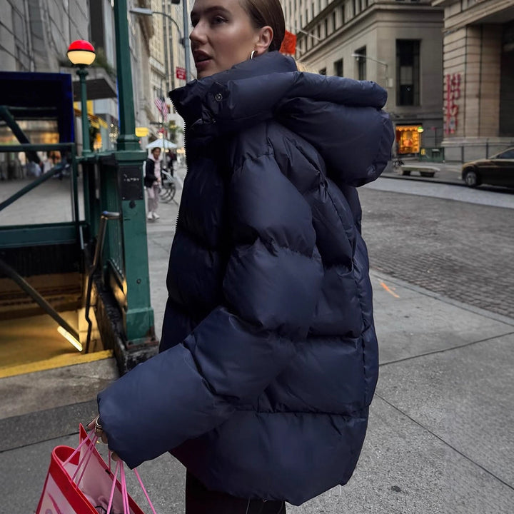 Women's Oversized Quilted Puffer Jacket with Removable Hood and Two-Way Zipper Amarae