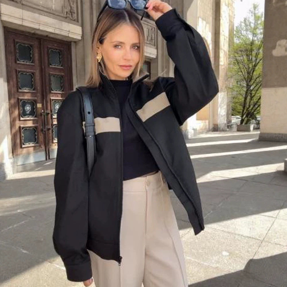 Women's Cropped Bomber Jacket with Contrast Stripes, Stand Collar and Boxy Silhouette Amarae