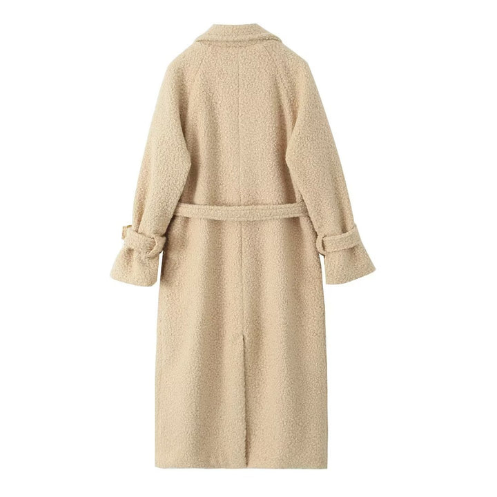 Women Long Teddy Coat in Trench Style with Double-Breasted Button Placket, Tied Belt, and Adjustable Cuffs Amarae