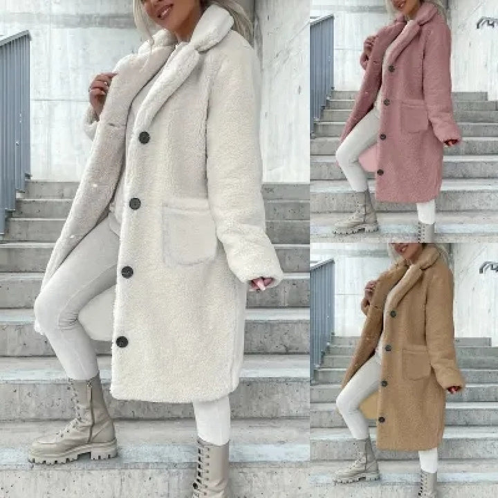 Ladies Cozy Fleece Coat with Pockets and Button Closure Lune London