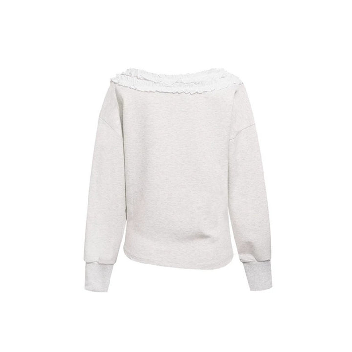 Women's sweatshirt with off-the-shoulder neckline, lace ruffle, and side gathers Amarae