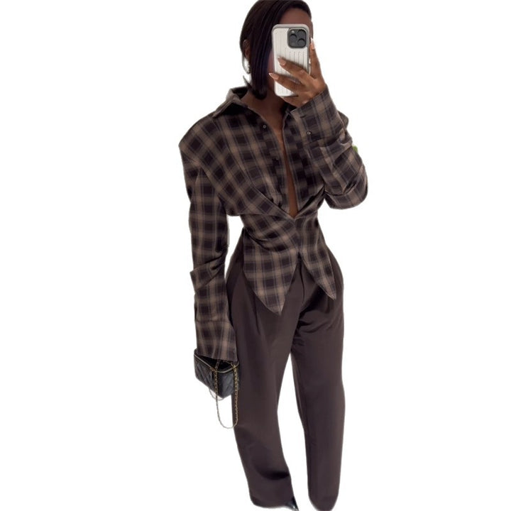 Loose checkered blouse for women with innovative collar Lune London