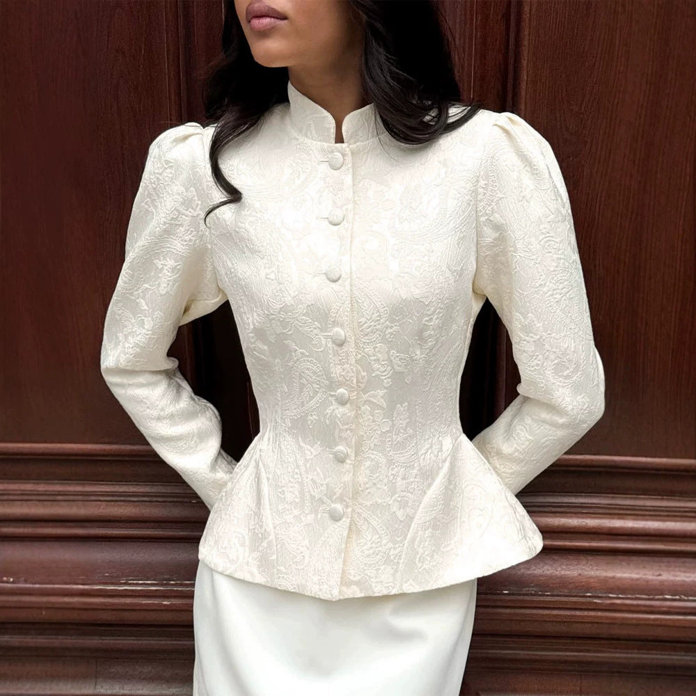 Women tailored jacquard blouse with stand-up collar and decorative button placket Amarae