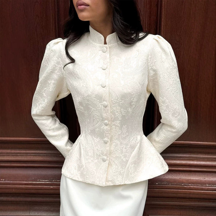 Women tailored jacquard blouse with stand-up collar and decorative button placket Amarae