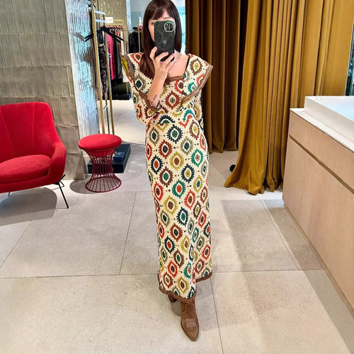 Midi dress for women with an elegant mix of patterns and a voluminous collar Amarae