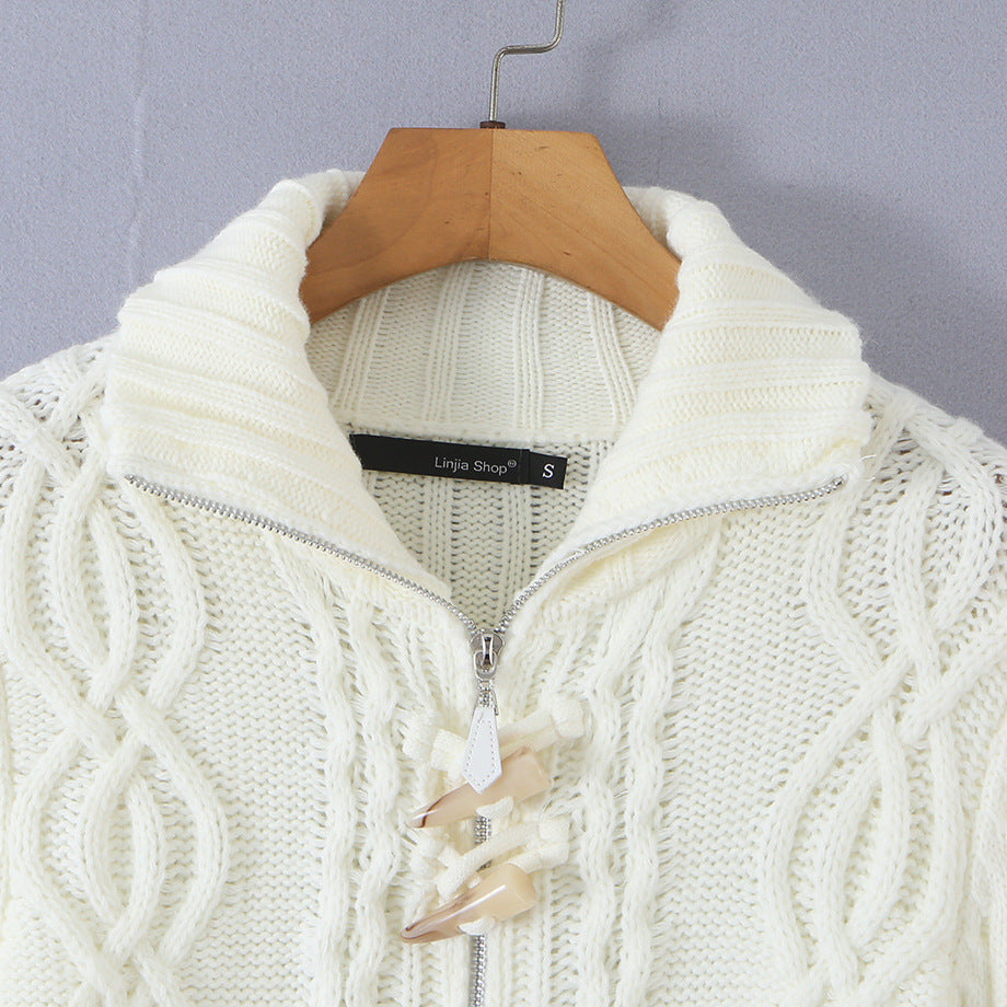Ladies short knitted cardigan with stand-up collar, cable pattern, wooden button toggles and pockets Amarae