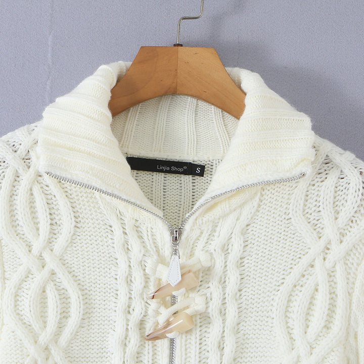 Ladies short knitted cardigan with stand-up collar, cable pattern, wooden button toggles and pockets Amarae