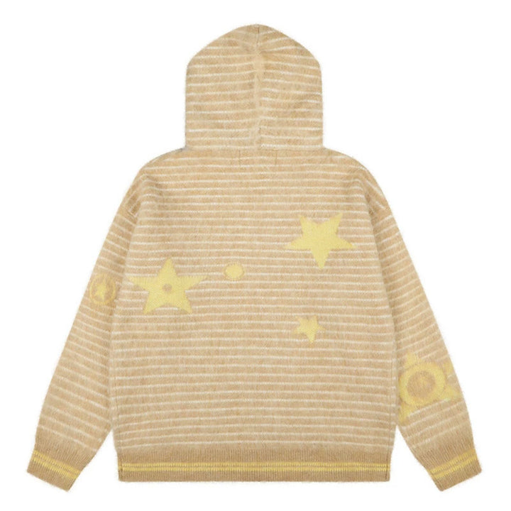 Women's Hooded Cardigan with Fur Trim, Striped Mohair Look and Star Appliqués Amarae