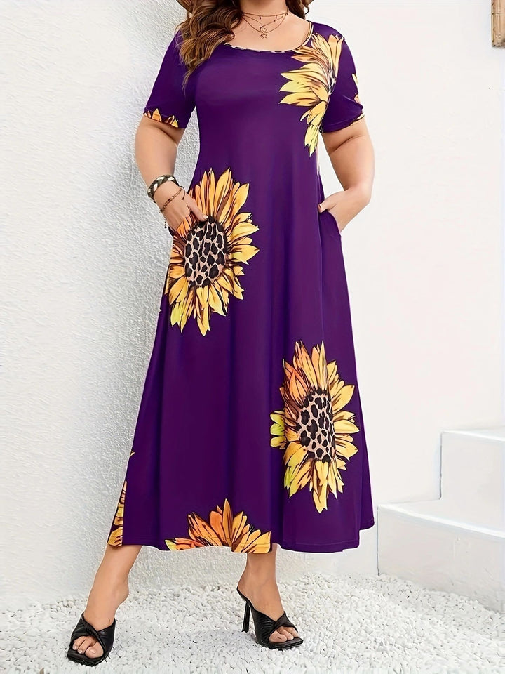 Summer maxi dress for women with sunflower floral pattern and practical pockets Lune London