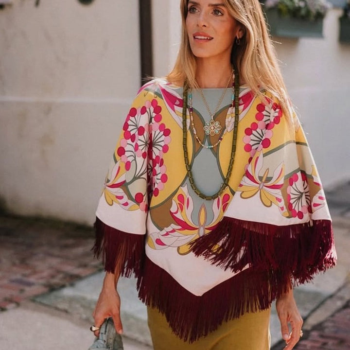 Ladies Silk Print Poncho with Retro Floral Pattern and Long Fringes Amarae
