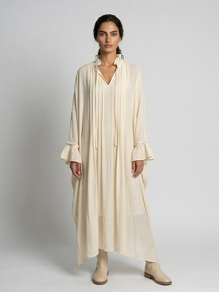 Women's maxi dress in kaftan style with ruffled collar, tie straps, and voluminous sleeves Amarae