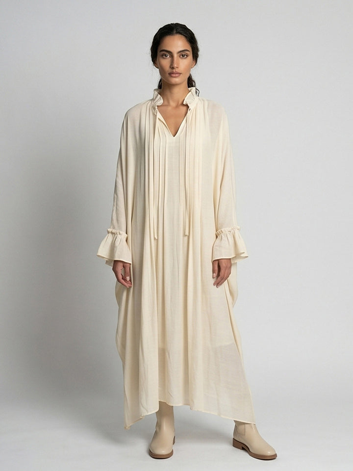Women's maxi dress in kaftan style with ruffled collar, tie straps, and voluminous sleeves Amarae
