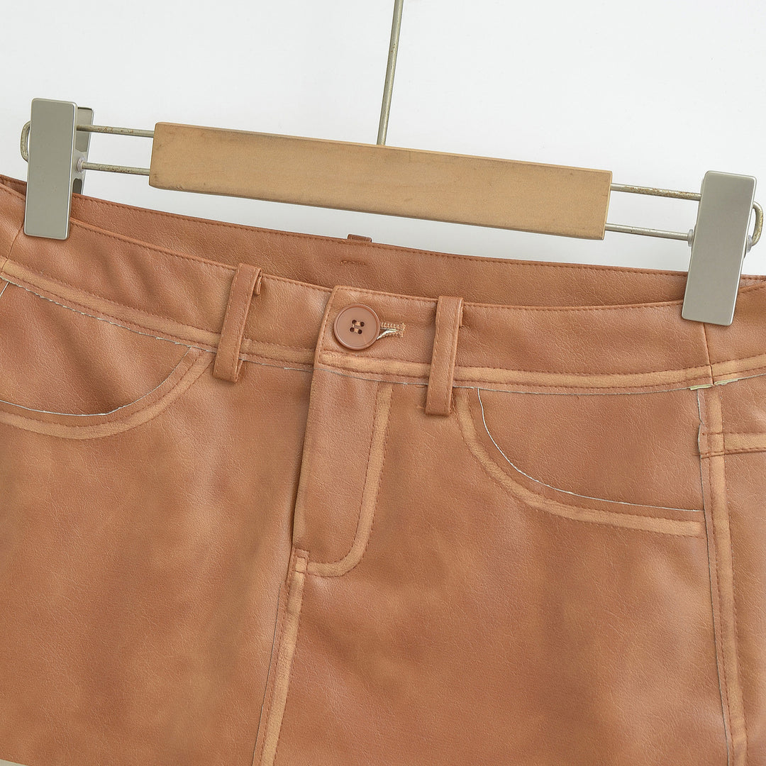 Ladies High-Waisted Faux Leather Mini Skirt with Decorative Seams and Belt Loops Amarae