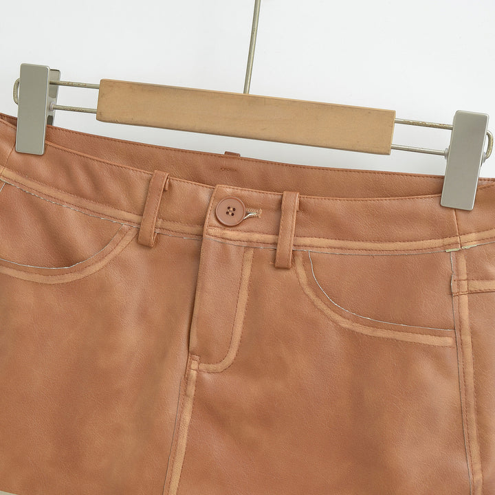 Ladies High-Waisted Faux Leather Mini Skirt with Decorative Seams and Belt Loops Amarae