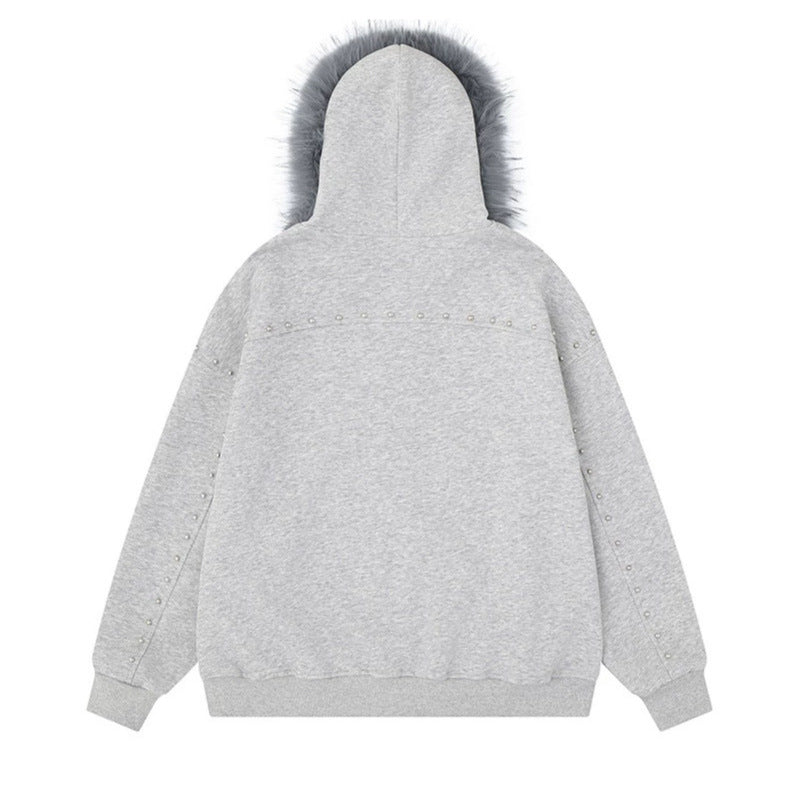 Women's hooded sweat jacket with faux fur trim, leopard lining and decorative studs Amarae