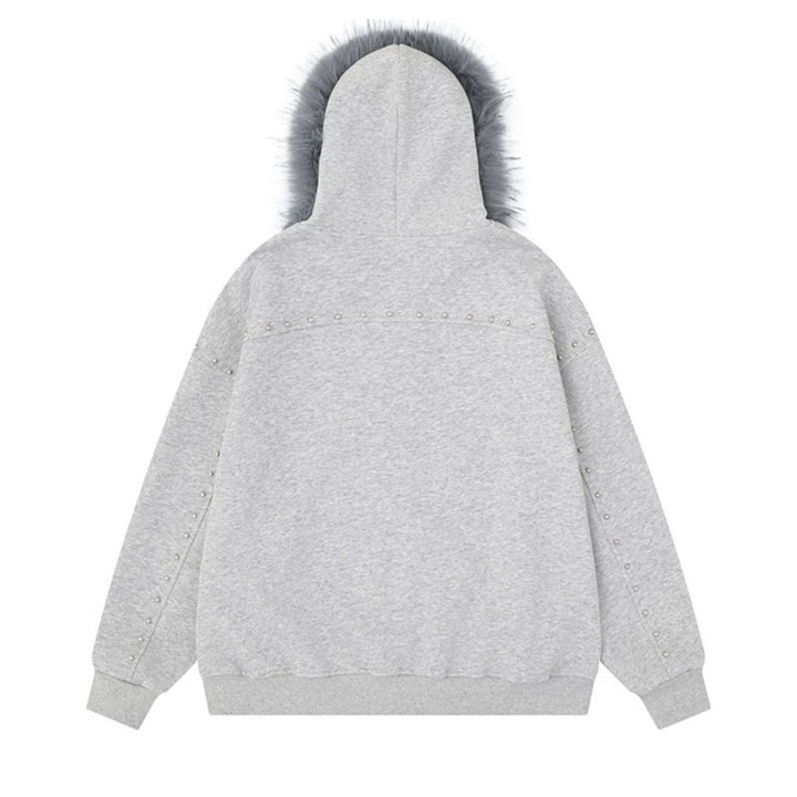 Women's hooded sweat jacket with faux fur trim, leopard lining and decorative studs Amarae