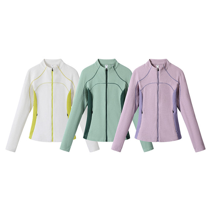 Women waffle structure functional jacket with full zip, stand-up collar and contrast side inserts Amarae