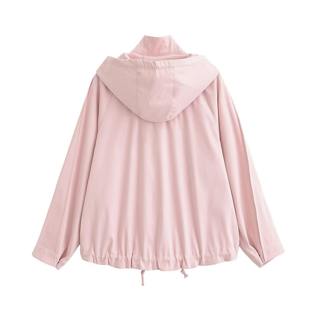 Women's Short Water-Repellent Hooded Jacket with Drawstring, Snap Button Placket, and Flap Pockets Amarae