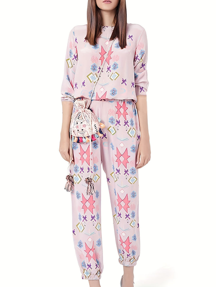 Women's loungewear set with colorful geometric patterns and an elastic waistband Lune London