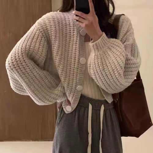 Chunky knit cardigan for women with voluminous sleeves and large buttons Amarae