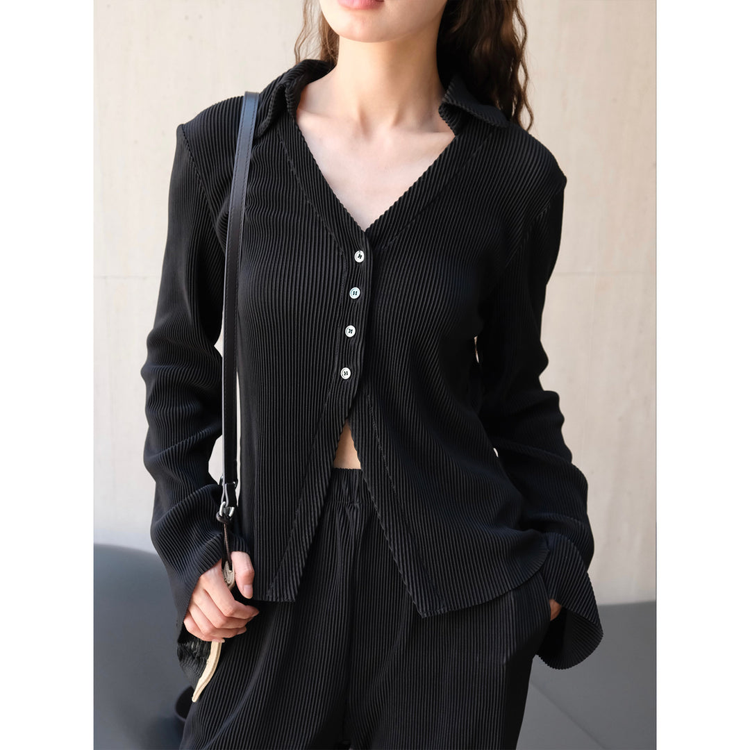 Women's Ribbed Pleated Shirt Blouse with V-Neck and Button Placket Amarae