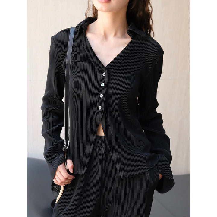 Women's Ribbed Pleated Shirt Blouse with V-Neck and Button Placket Amarae