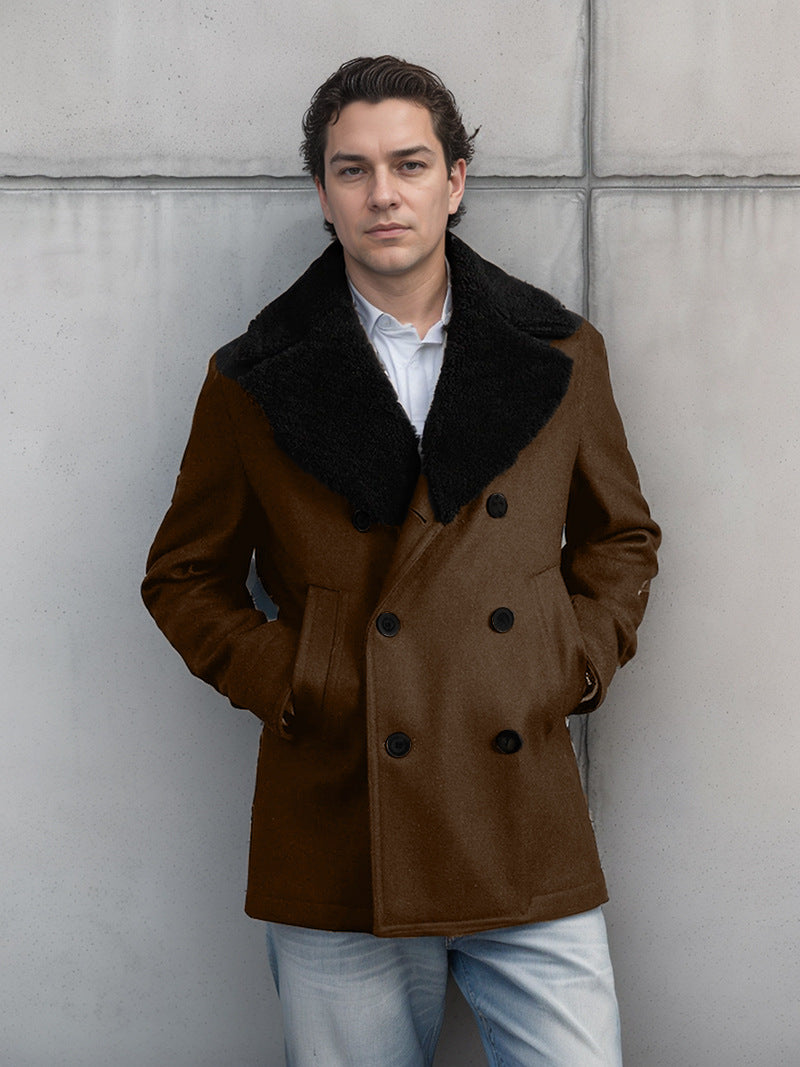 Double-breasted wool coat for men with faux fur collar Amarae