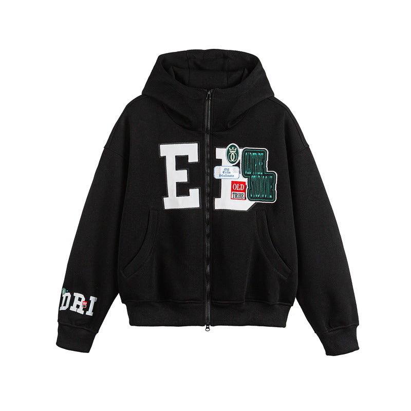 Unisex Oversize Hoodie Zip Jacket with Collegiate Patches Amarae