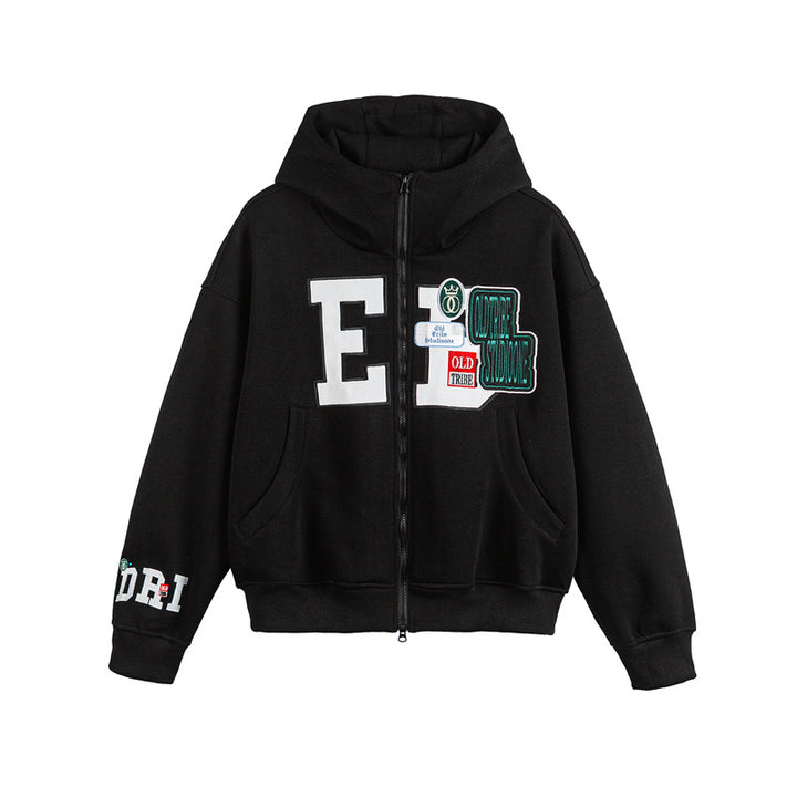 Unisex Oversize Hoodie Zip Jacket with Collegiate Patches Amarae