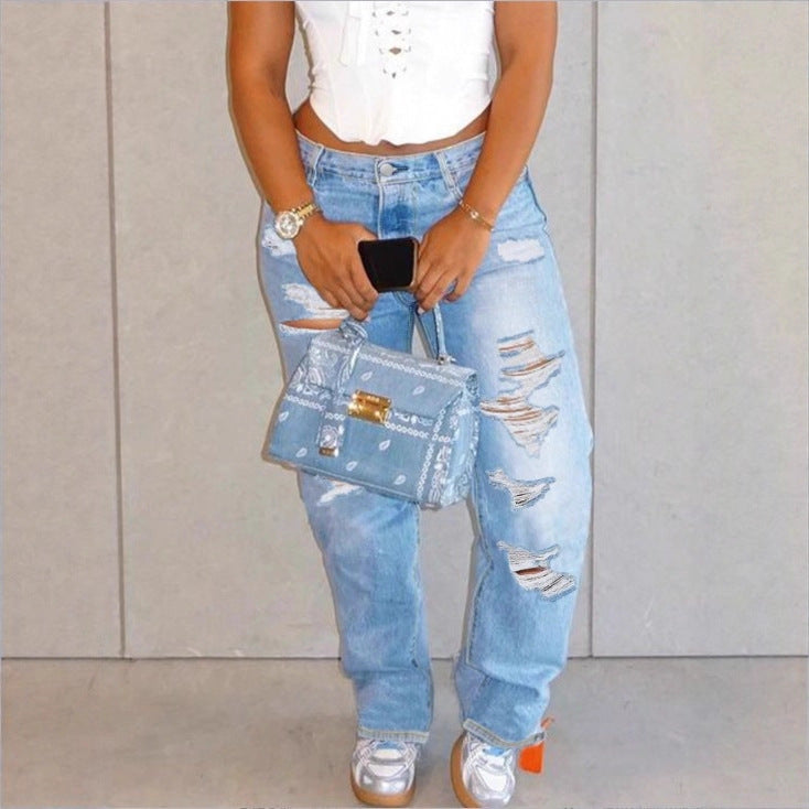 Women High-Waisted Relaxed-Fit Straight Jeans with pronounced Destroyed Details Amarae