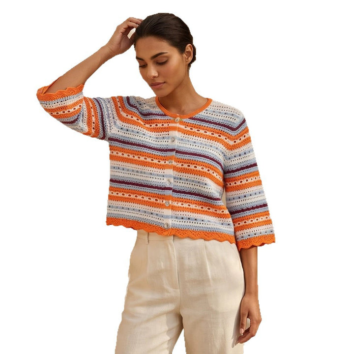 Women crocheted short jacket with shell hem, 3/4 sleeves & fine lace pattern Amarae